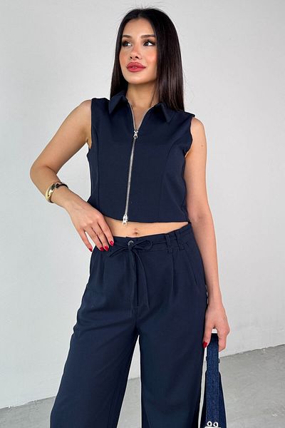 Cappmoda TKM-25102 Navy Blue Zero μανίκι πουκάμισο με φερμουάρ γιακά γιλέκο ψηλόμεσο παντελόνι δύο τεμαχίων