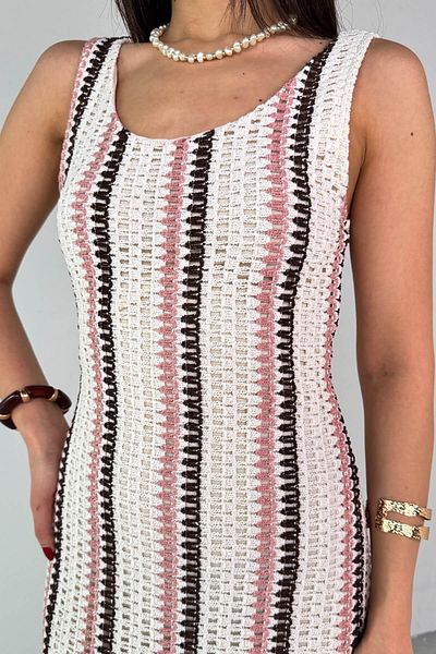 Cappmoda ELB-01780 Κρεμ ριγέ πλεκτό καλοκαιρινό φόρεμα με υφή
