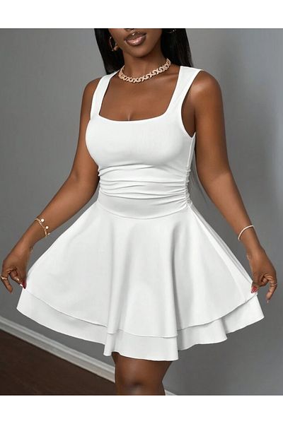 MAROVOAY Plus Size Mini Flared Dress with Drawstring Waist
