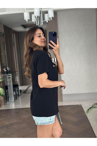 Forlady4 تي شيرت أسود برقبة دائرية وشعار أساسي للنساء