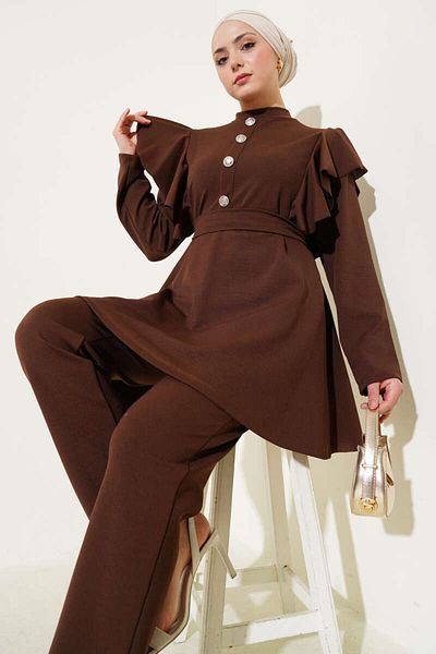 VOLT CLOTHİNG Women's Shoulder Ruffled Button Detailed Two-Piece Suit