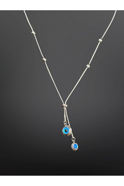 FM Double Evil Eye Bead Detailed Antiallergic 316L Shiny Silver Color Steel Necklace
