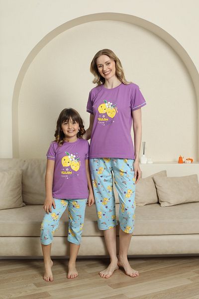 KAPİTEX Mother Daughter Short Sleeve Crew Neck Printed Lemon Purple Pajamas Set