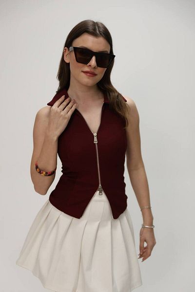 Gameyal Women's Comfortable Fit Polo Neck Ottoman Fabric Zero Sleeve Double Zipper Vest