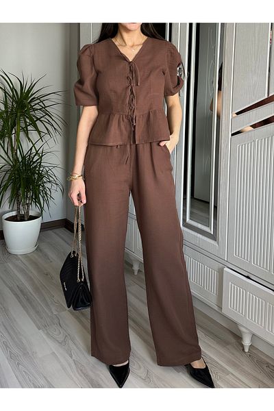 AB LOOKS Women's Bitter Brown Front Tie Blouse and Pants Two Piece Set 100% Cotton Muslin Bottom Top Set