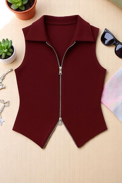 YONEZ MODA Women's Comfortable Fit Polo Neck Ottoman Fabric Zero Sleeve Double Zipper Vest