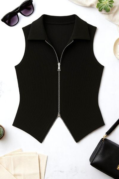 Gameyal Women's Comfortable Fit Polo Neck Ottoman Fabric Zero Sleeve Double Zipper Vest