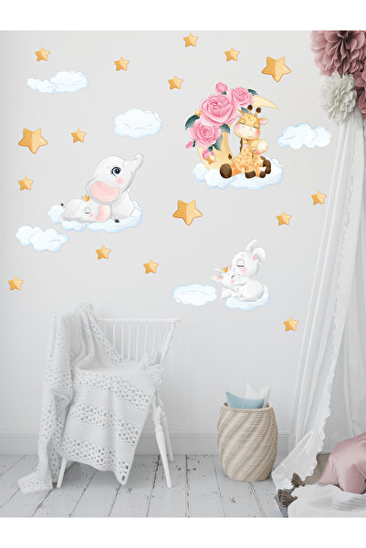 aiki 3'lü Zürafa, Fil Tavşan, Bulutlar Ve Yıldızlar Çocuk Bebek Odası Duvar S...