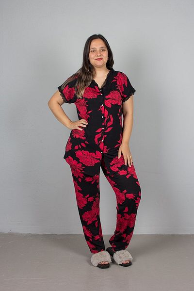 Truva XXL Plus Size Buttoned Floral Patterned Pajama Set