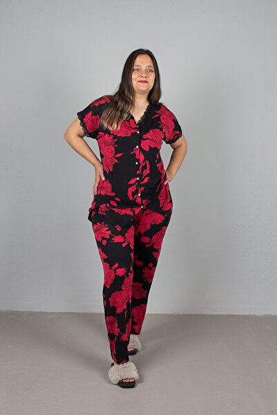Truva XXL Plus Size Buttoned Floral Patterned Pajama Set