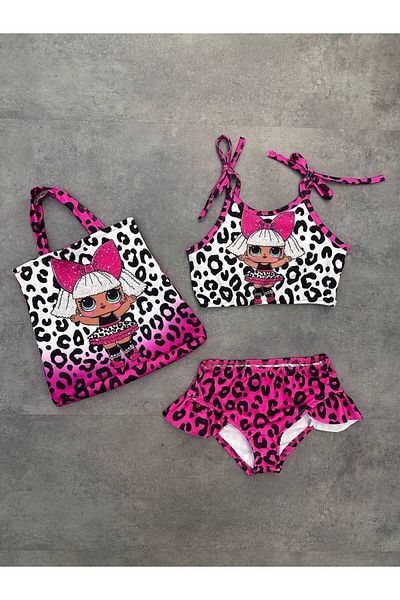 ARBİ kids Γυναικείο παιδί lol leopard print διπλό μαγιό με τσάντα καλοκαιρινά μαγιό διακοπών