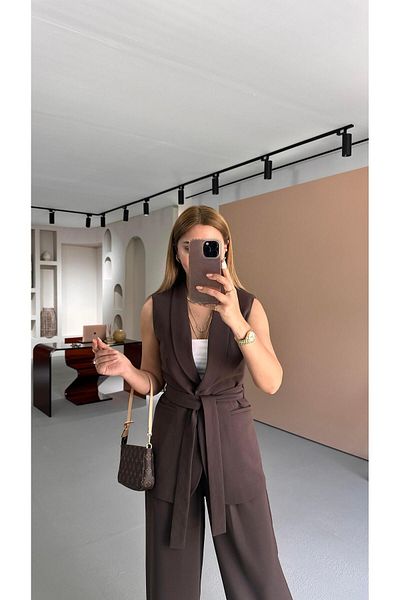 Sezgi Tekin Belted Vest Elastic Waist Palazzo Trousers Brown Set