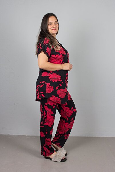 Truva XXL Plus Size Buttoned Floral Patterned Pajama Set