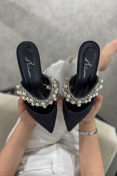 SHOEBELLAS Legol Black Pearl Stone Detailed Women's Slippers