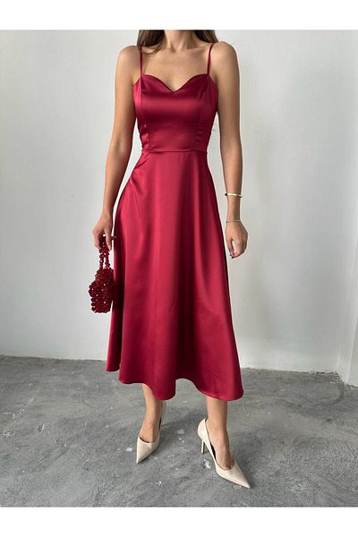 MAXMOOR Women's Burgundy Satin Strap Midi Dress