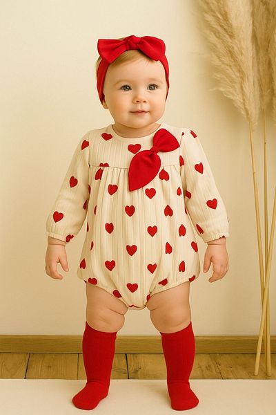 Minytrendy Baby Girl 3 Piece Romper Heart Newborn Jumpsuit Socks and Bandana Eid Set Baby Gift