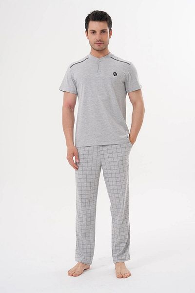 Mecit Pijama Large Size Short Sleeve Buttoned Collar Men's Pajama Set 90% Cotton 10% Viscose