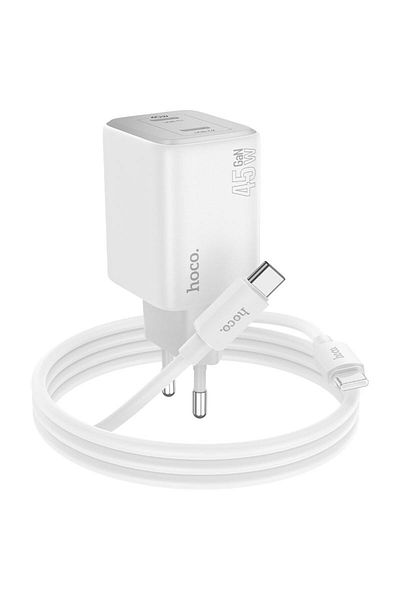 REDz Accessories Set adaptor HOCO N42 și cablu Type-C, pentru iPhone 15/16 și Android, putere 45W, alb