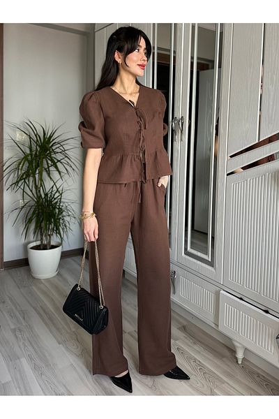 AB LOOKS Women's Bitter Brown Front Tie Blouse and Pants Two Piece Set 100% Cotton Muslin Bottom Top Set