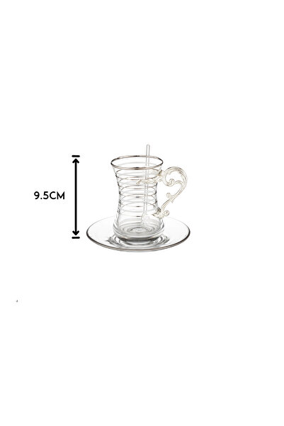 Dania 48-piece silver-striped glass tea and coffee cup set with metal handle for 12 people