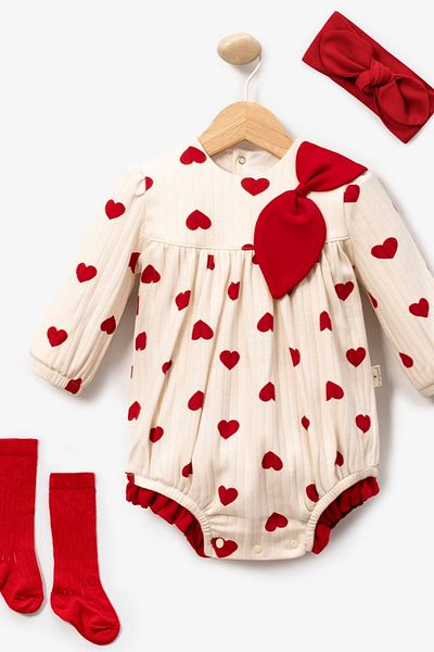 Minytrendy Baby Girl 3 Piece Romper Heart Newborn Jumpsuit Socks and Bandana Eid Set Baby Gift