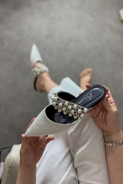 SHOEBELLAS Papuci de damă Legol White Pearl Stone