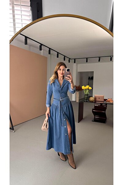 Sezgi Tekin Kruvaze Yaka Mavi Kemerli Maxi Denim Elbise