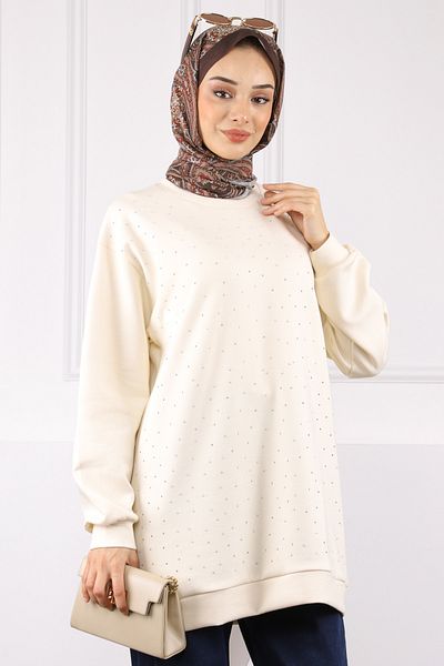 İmajButik Cream Crew Neck Stone Modal Tunic