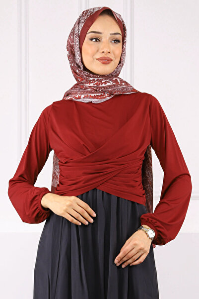 İmajButik Burgundy Cross Drape Detailed Sandy Blouse