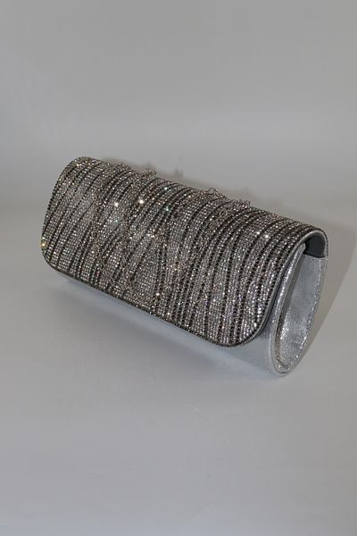 KEEBA Silver Evening Dress Bag with Waterway Stones. Evening Dress Portfolio Clutch Invitation Bag. Women's Silver Evening Dress Stone Bag.
