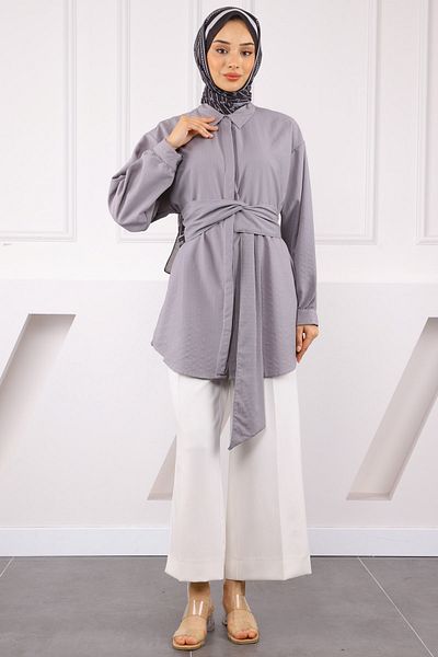 İmajButik Gray Belt Detailed Wrap Shirt