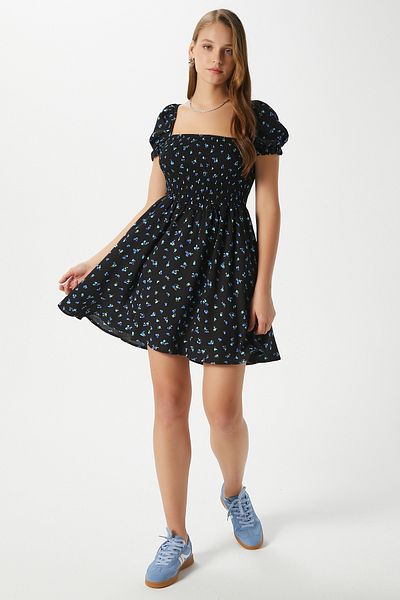 Ritnice Women's Ava Black Blue Floral Gimped Viscose Dress 17870