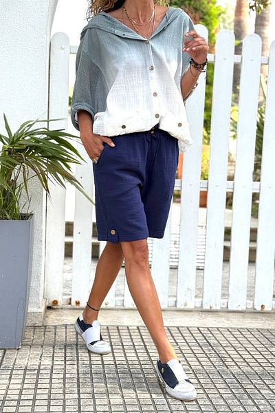 Güneşkızı Navy Blue Pocketed Buttoned Elastic Waist Muslin Loose Woven Shorts 47 36