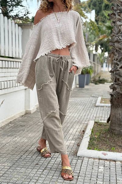 Güneşkızı Bronze Pocket Washed Mesh Detailed Dirty Stitched Shalwar Linen Blended Loose Woven Trousers 85 30