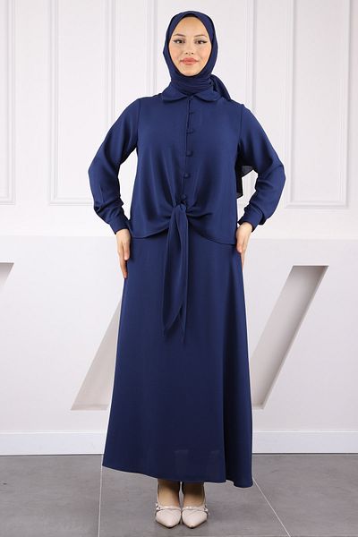 İmajButik Σκούρο μπλε μπροστινό δεμένο πουκάμισο κοστούμι φούστα