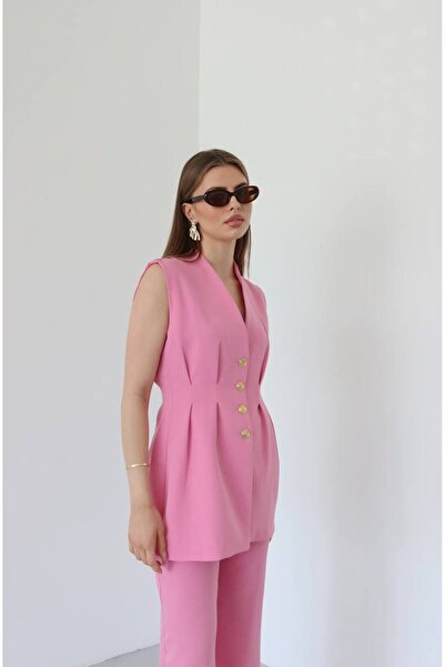 VOLT CLOTHİNG Women's Waist Fitted Gold Button Detailed Lined Vest Set