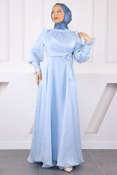 İmajButik Βραδινό φόρεμα Baby Blue με δεμένο μανίκι με λεπτομέρειες