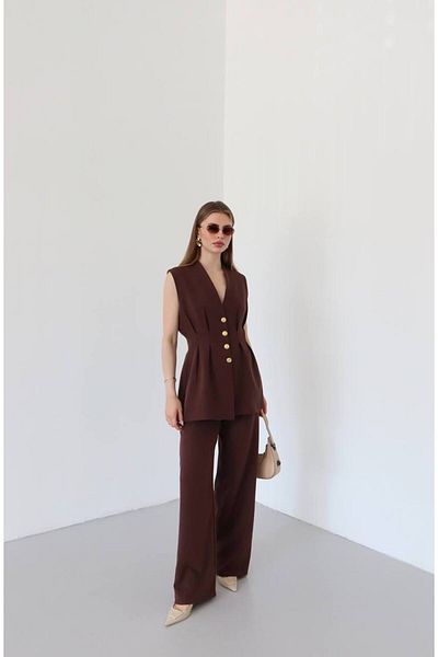VOLT CLOTHİNG Women's Waist Fitted Gold Button Detailed Lined Vest Set