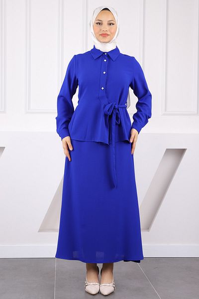 İmajButik Saks Μπλε Πλαϊνό Δαντελένιο Πουκάμισο Φούστα