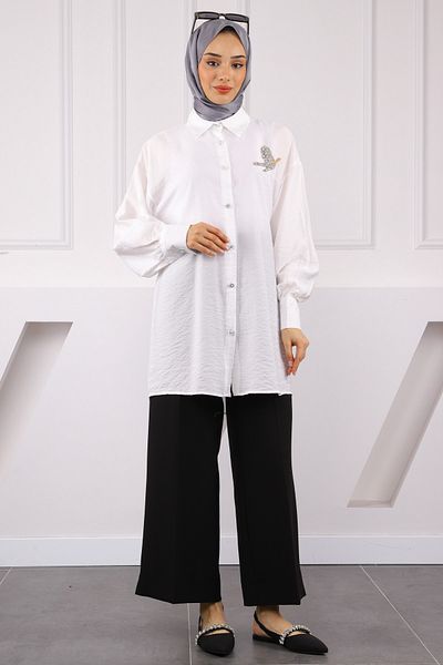 İmajButik Ecru Front Stone Detailed Shirt