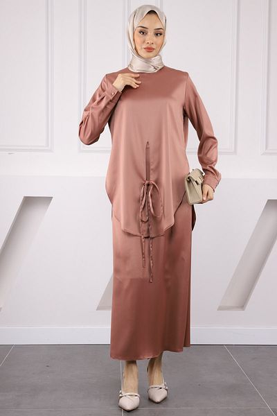 İmajButik Σατέν κοστούμι με ροζ αποξηραμένο μπροστινό δέσιμο τουνίκ φούστα