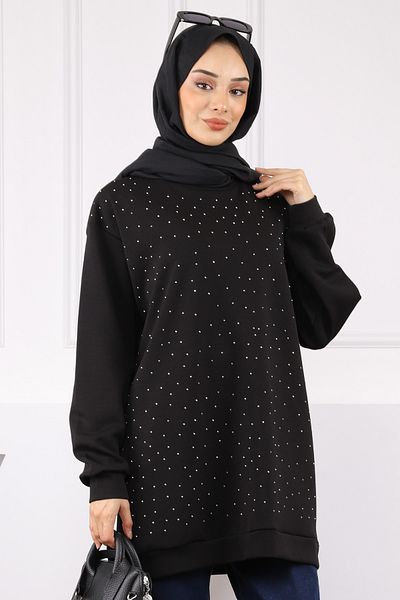 İmajButik Black Crew Neck Stone Modal Tunic