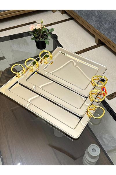 aljahwari 3piece serving tray set, silver and gold
