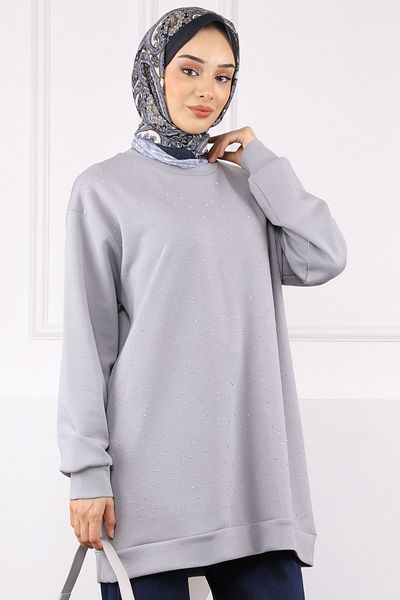 İmajButik Gray Crew Neck Stone Modal Tunic