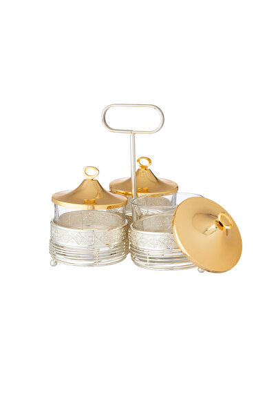 Dania Elegantly designed stand for dates, sweets and nuts, 3 compartments, silver and gold