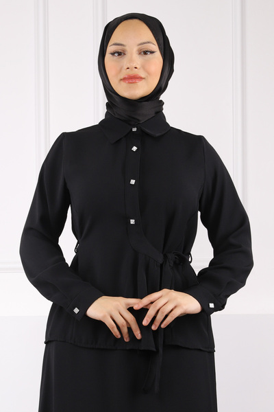 İmajButik Black Side Tie Shirt Skirt Suit