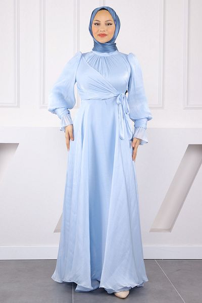 İmajButik Βραδινό φόρεμα Baby Blue με δεμένο μανίκι με λεπτομέρειες
