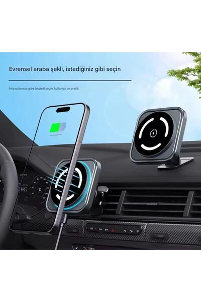 Asfal 15W Kablosuz Şarj Özellikli Magsafe Uyumlu Mıknatıslı 2in1 Araba Telefo...
