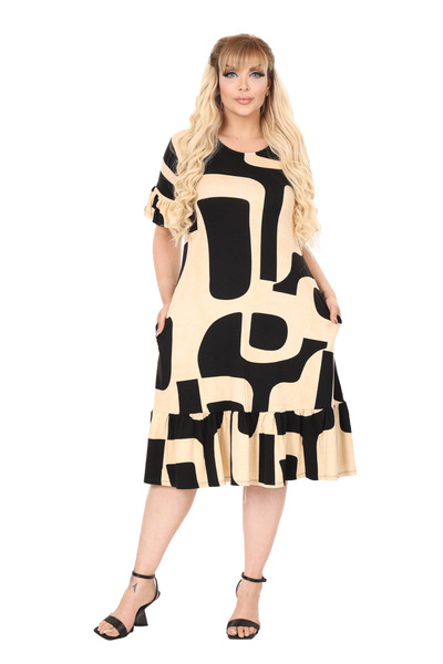 MELSAY Women's Beige Large Size Short Sleeve Skirt Ruffled Picasso Pattern Midi Dress