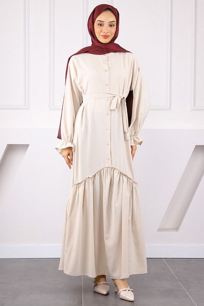 İmajButik Stone Skirt Gathered Waist Belted Linda Dress